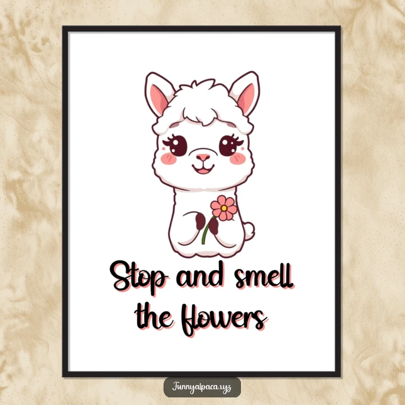 Funny Free Printable Wall Art: Smiling alpaca offering a flower, creating a sweet, humorous, and charming piece of downloadable art.