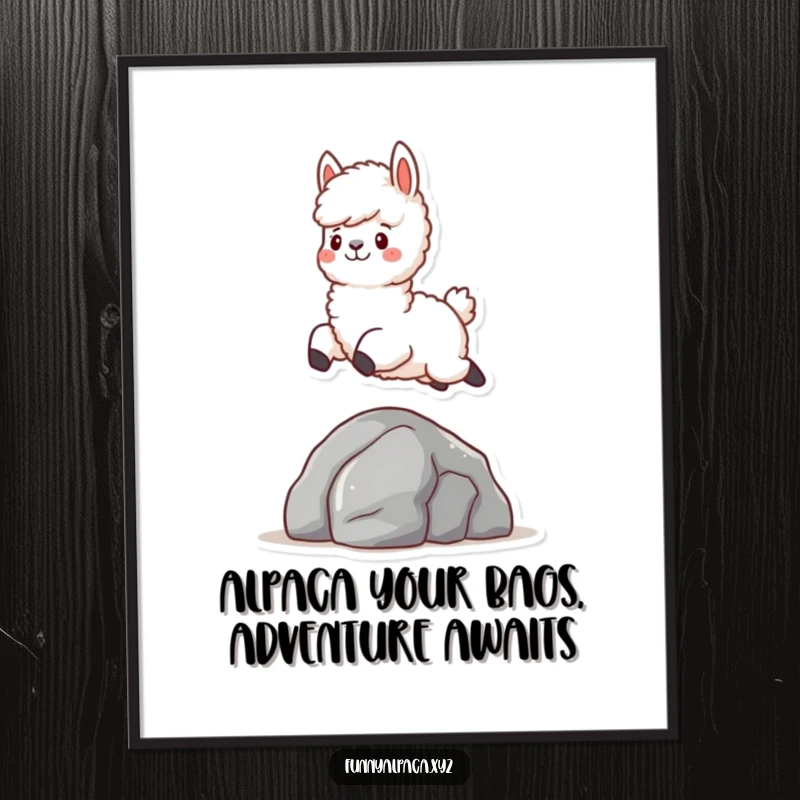 Funny Free Printable Wall Art: A fluffy alpaca character joyfully leaping over a small obstacle, adding whimsical humor to decor. Downloadable art.
