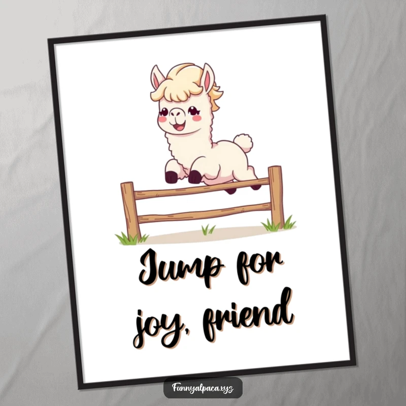 Funny free printable wall art: An energetic alpaca with a flowing mane and wide grin leaps dynamically over a small fence.
