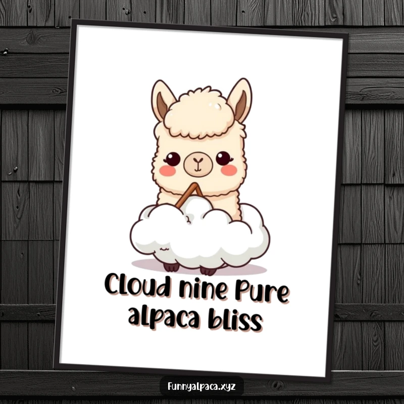 Funny free printable wall art featuring a content alpaca enjoying a fluffy cloud, a whimsical downloadable art piece for your home.