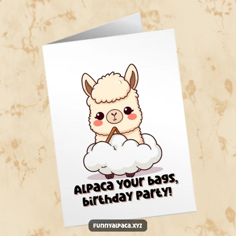 Funny free printable birthday card featuring a content alpaca joyfully chewing a fluffy cloud, perfect for a unique digital gift.