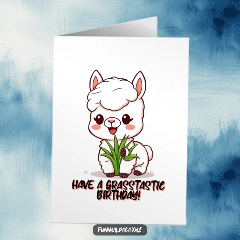 Funny Free Printable Birthday Card: Content alpaca happily munching grass, conveying simple joy and birthday wishes, a unique downloadable.