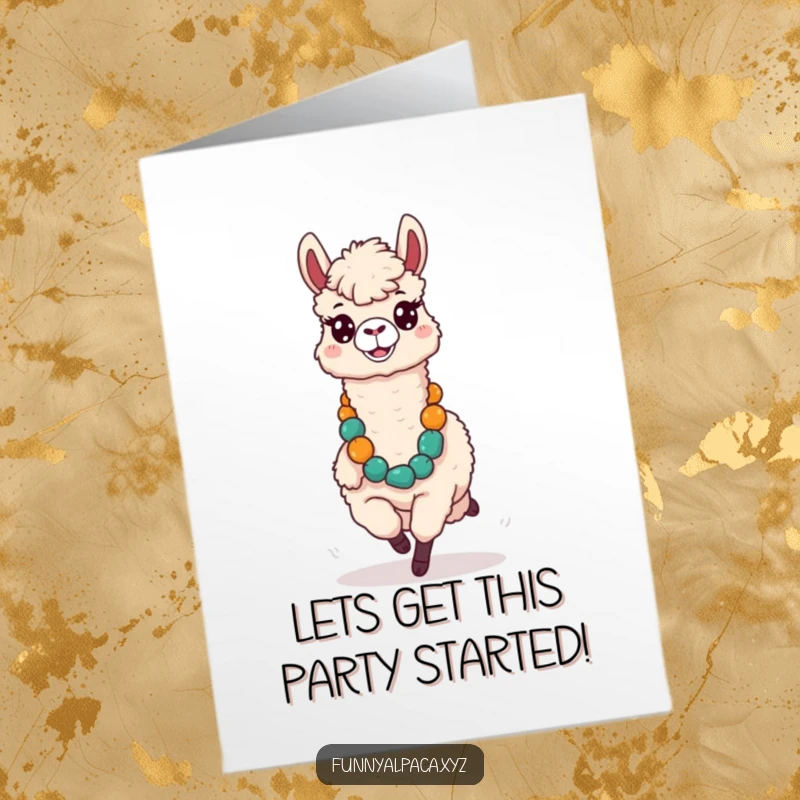 Funny Free Printable Birthday Card: Silly alpaca with comical expression running with a large, colorful lei.