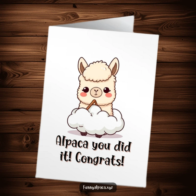 Free printable congratulations card with a happy alpaca munching a cloud, a funny downloadable greeting for any achievement.