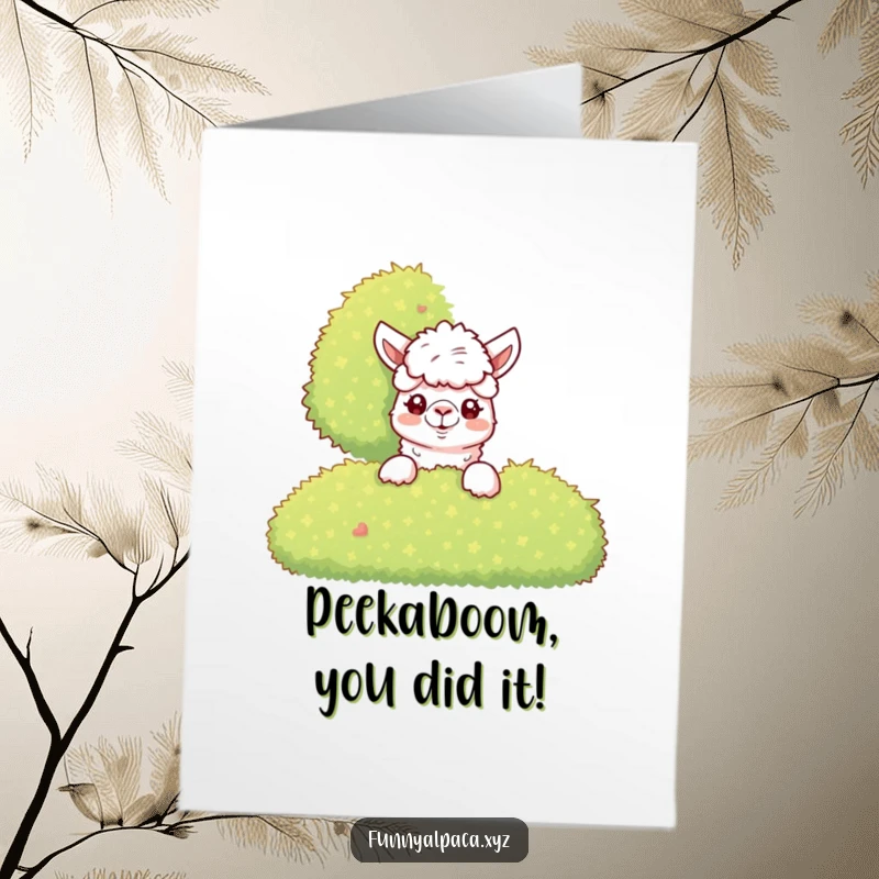 Funny Free Printable Congratulations Card: Inquisitive alpaca peeking from behind a bush, offering congratulations with a humorous and teasing vibe.