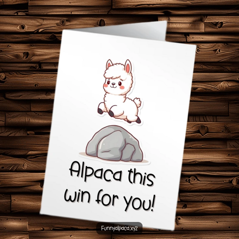 Funny Free Printable Congratulations Card: A fluffy alpaca joyfully leaping over a rock, symbolizing overcoming challenges with humor.