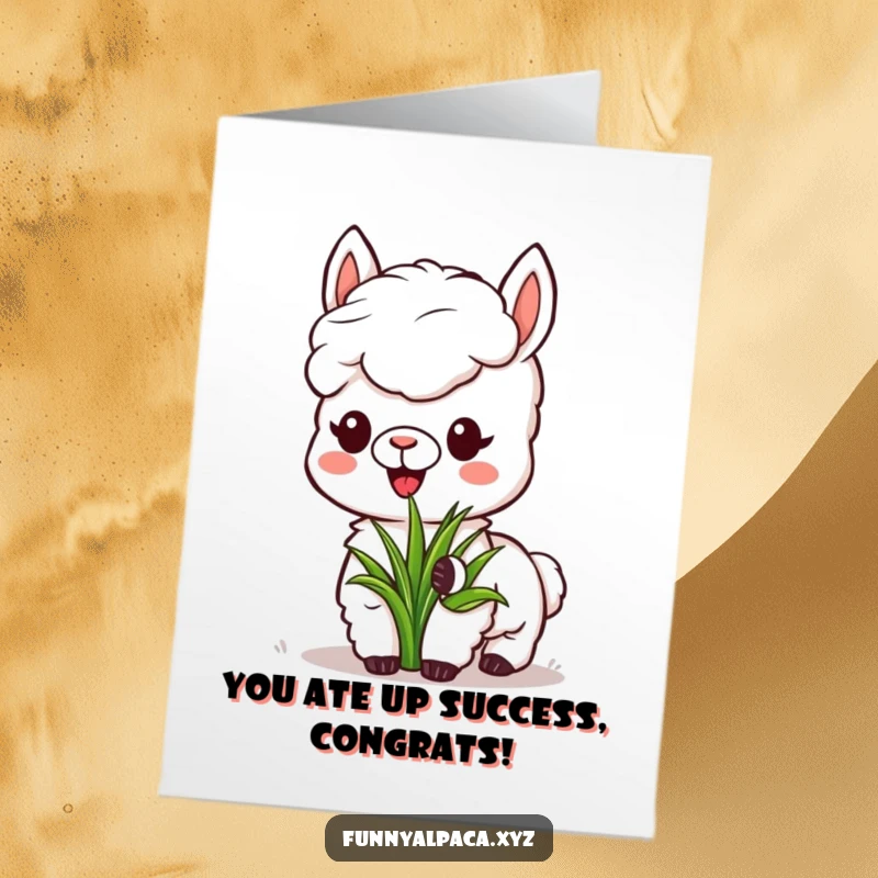Funny Free Printable Congratulations Card: Alpaca enjoying a bite of grass, symbolizing peaceful success and happy celebrations, a charming downloadable.
