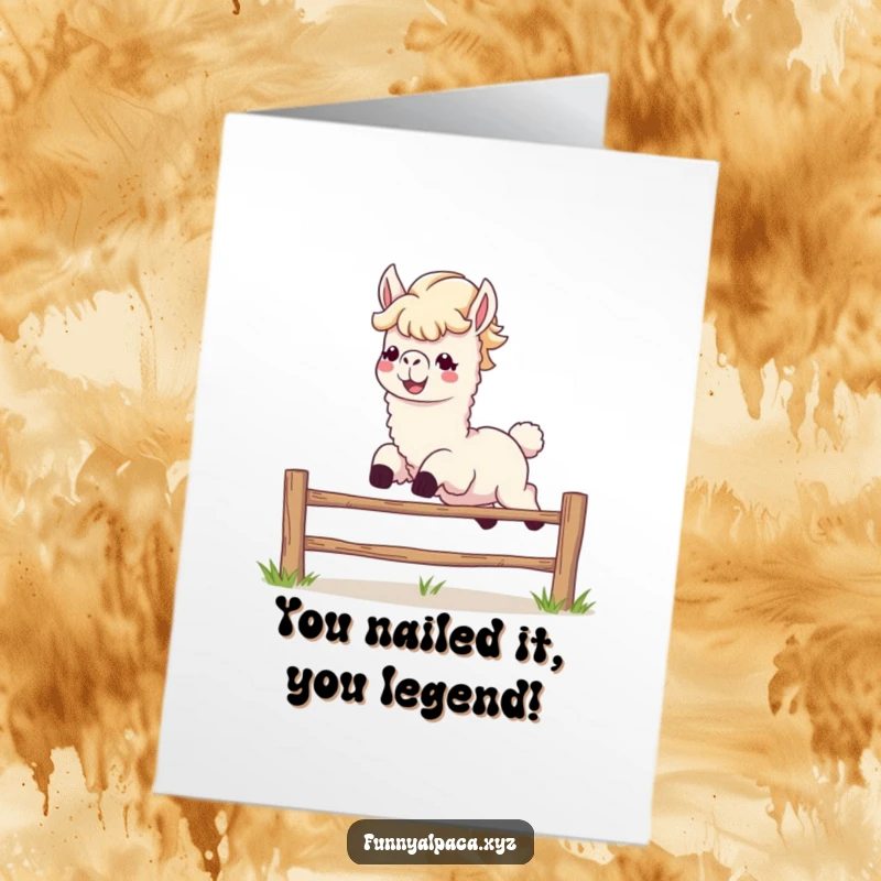 Funny free printable congratulations card: An energetic alpaca with a flowing mane and wide grin leaps joyfully over a fence.