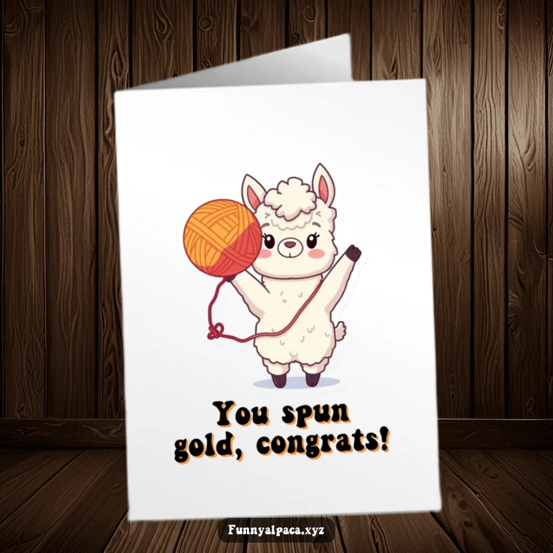 Funny Free Printable Congratulations Card: Amusing alpaca mid-throw with a yarn ball, celebrating success and best wishes.