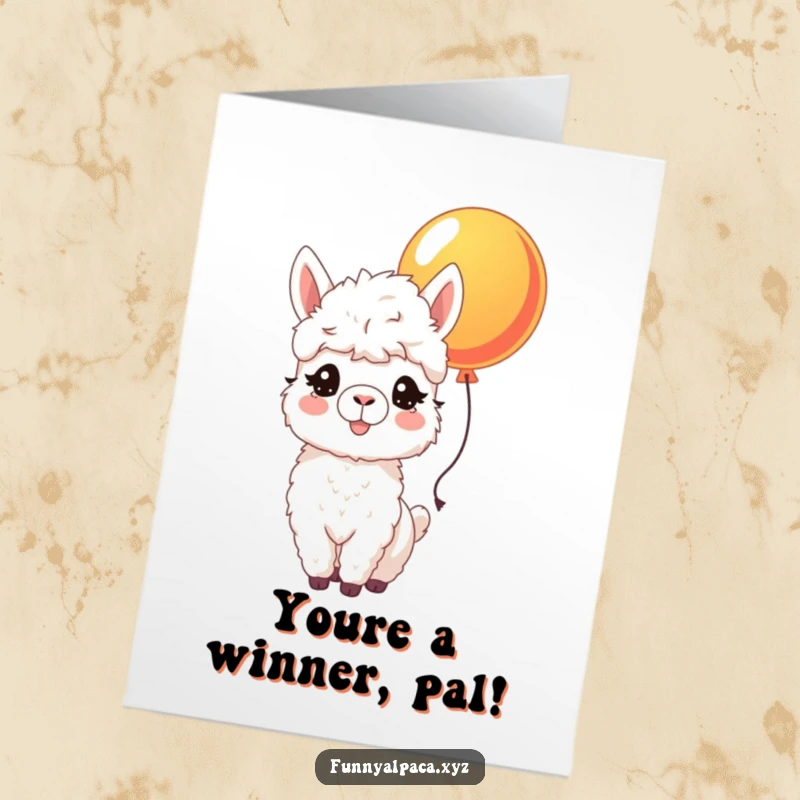 Funny Free Printable Congratulations Card: Joyful alpaca nudging a colorful balloon, representing celebratory excitement.