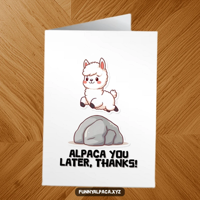 Funny Free Printable Thank You Card: A fluffy alpaca character leaping joyfully, conveying thanks with whimsical humor. Downloadable.