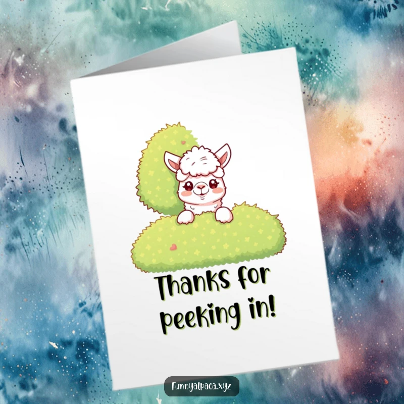 Funny Free Printable Thank You Card: Amusing alpaca curiously peeking from behind a large bush, offering a unique and funny thank you.