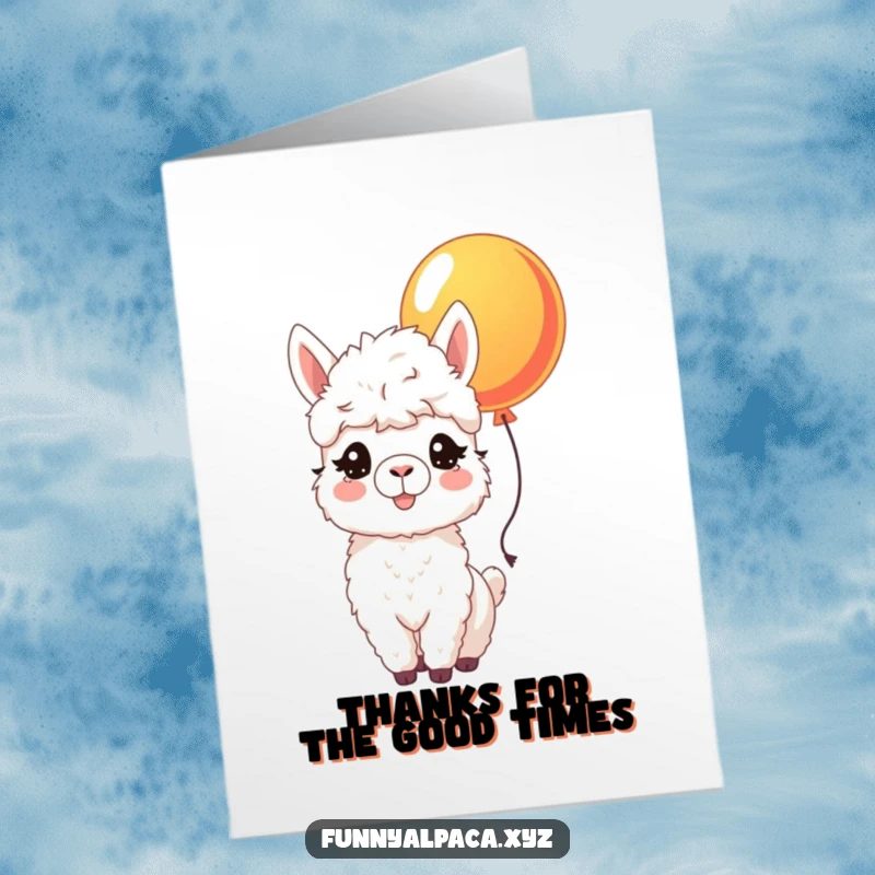 Funny Free Printable Thank You Card: Joyful alpaca nudging a colorful balloon, symbolizing happy gratitude.
