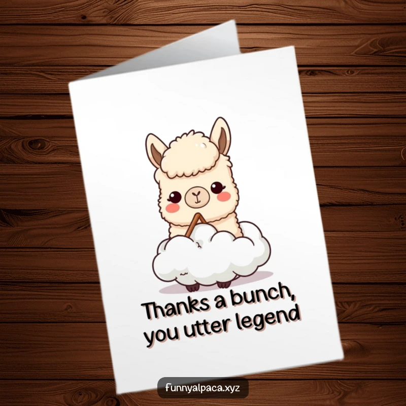 Funny free printable thank you card showing a content alpaca eating a cloud, a delightful downloadable message of gratitude.