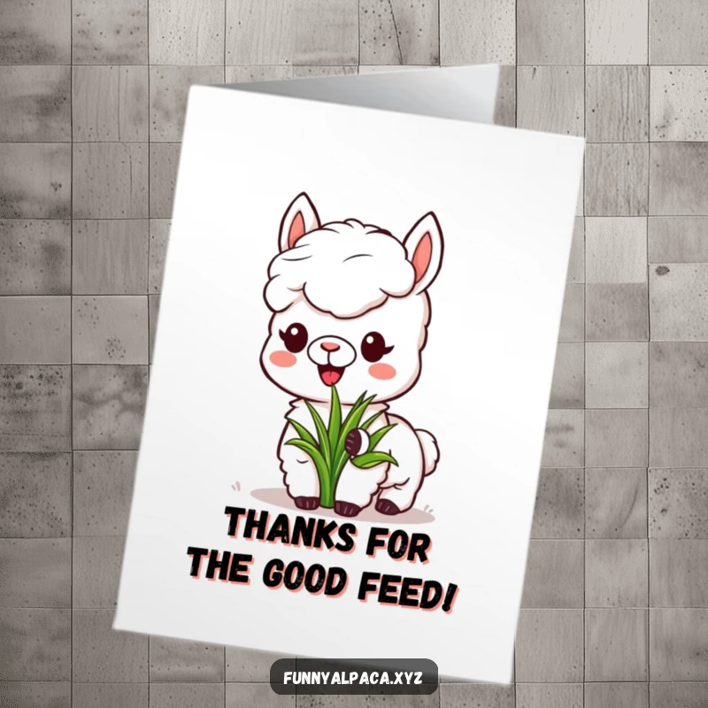 Funny Free Printable Thank You Card: Peaceful alpaca contentedly munching grass, sending a warm and humorous thank you, a sweet downloadable.
