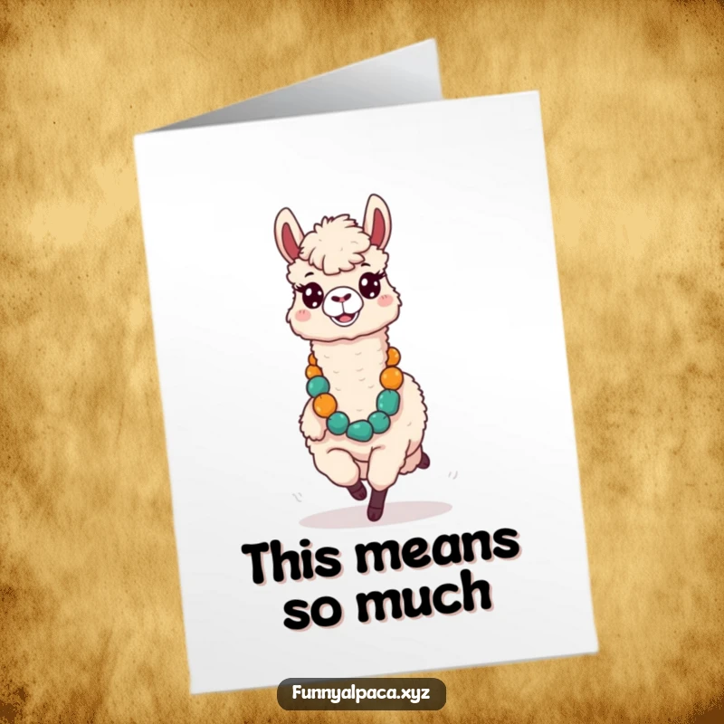 Funny Free Printable Thank You Card: Silly alpaca with comical expression running with a large lei, conveying unique thanks.