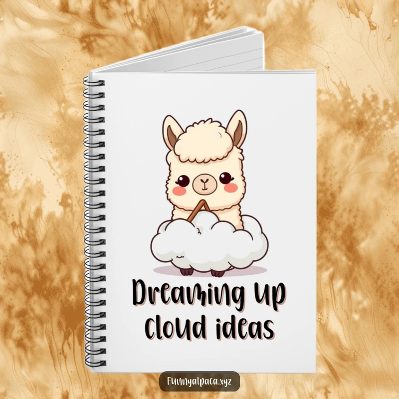 Funny notebook with a content alpaca character chewing a cloud, designed for capturing creative ideas with a humorous and inspiring touch.