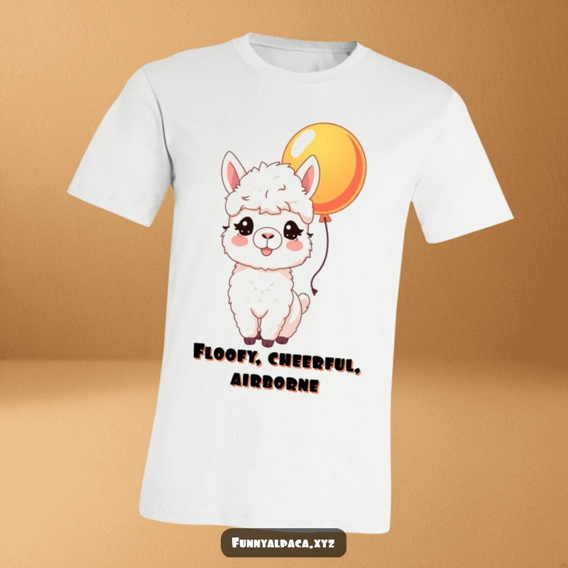 Funny t-shirt with a joyful alpaca, fluffy coat, bright eyes, nudging a colorful balloon, symbolizing pure delight and fun.