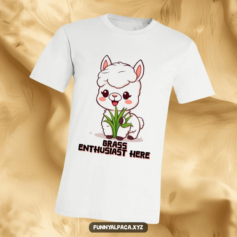 Funny Alpaca Grass Tee: An adorable alpaca peacefully eats grass, looking utterly content and happy.