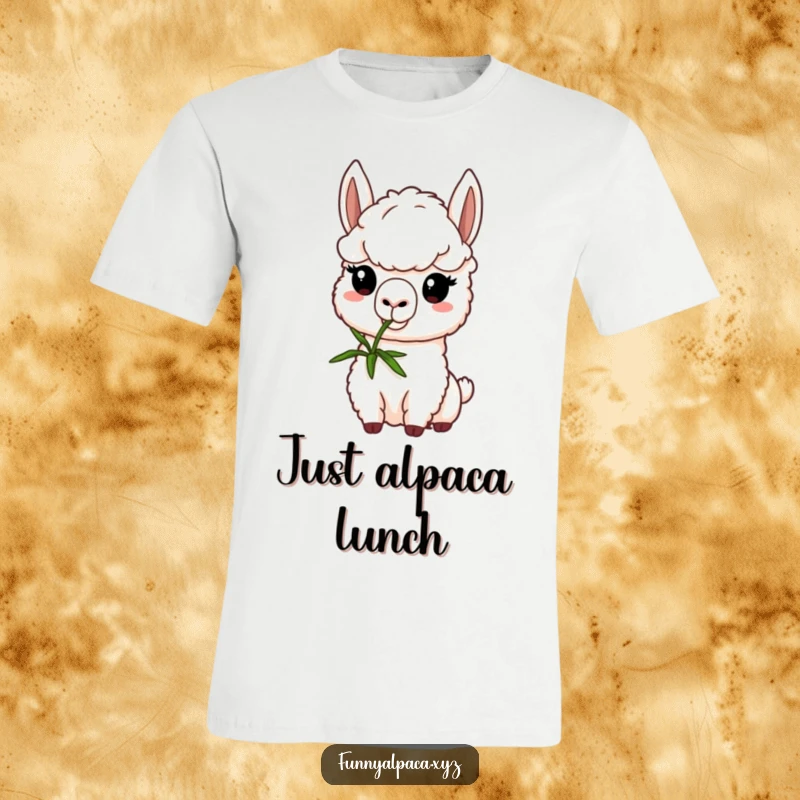 Funny alpaca t-shirt featuring a determined alpaca character carefully nibbling on a fresh green sprig, representing focused effort with a cute twist.