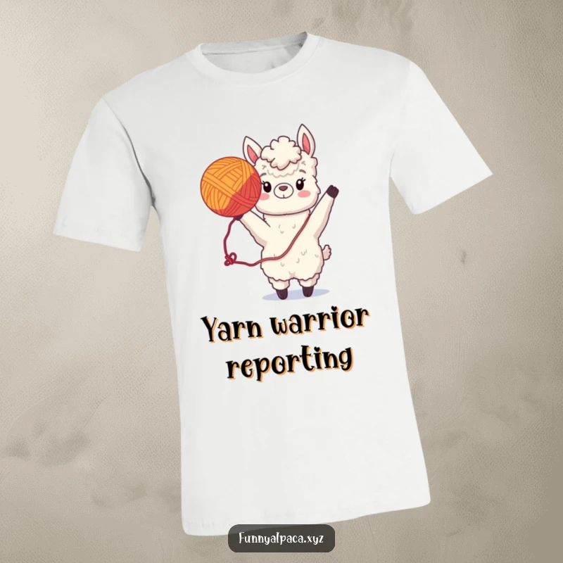 Funny Alpaca T-Shirt: A joyful alpaca is caught mid-air tossing a colorful yarn ball, perfect for laughs.