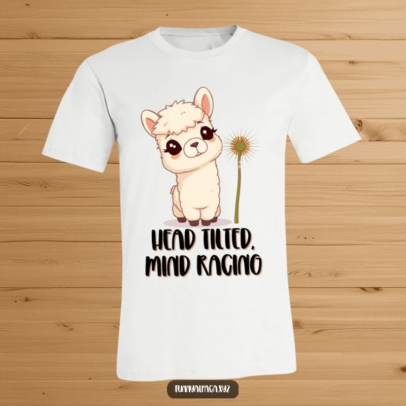 Funny t-shirt with a curious alpaca tilting its head, fascinated by a giant dandelion, expressing gentle intrigue and humor.
