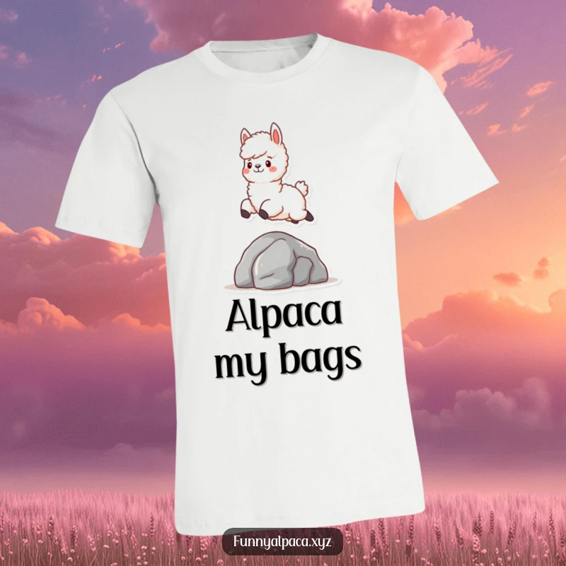 Funny Fluffy Alpaca T-Shirt: A comfortable tee featuring a fluffy alpaca character joyfully leaping over a small rock, capturing a moment of playful energy.