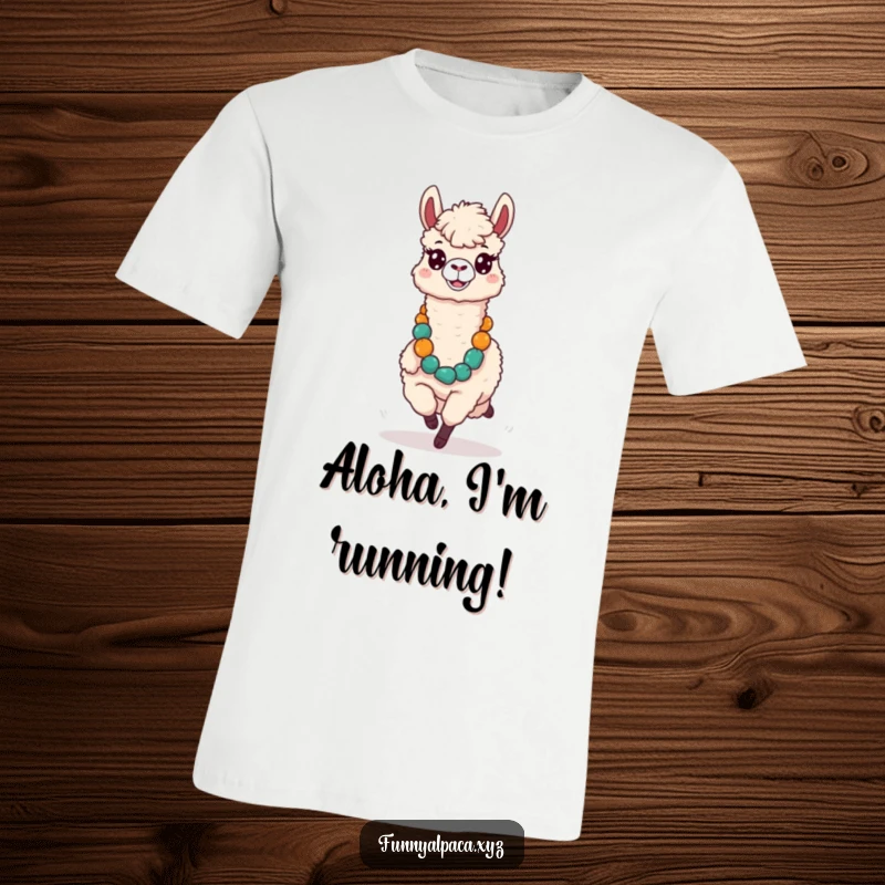 Funny t-shirt with a silly alpaca, comical expression, running with a large lei, capturing a moment of spontaneous joy.