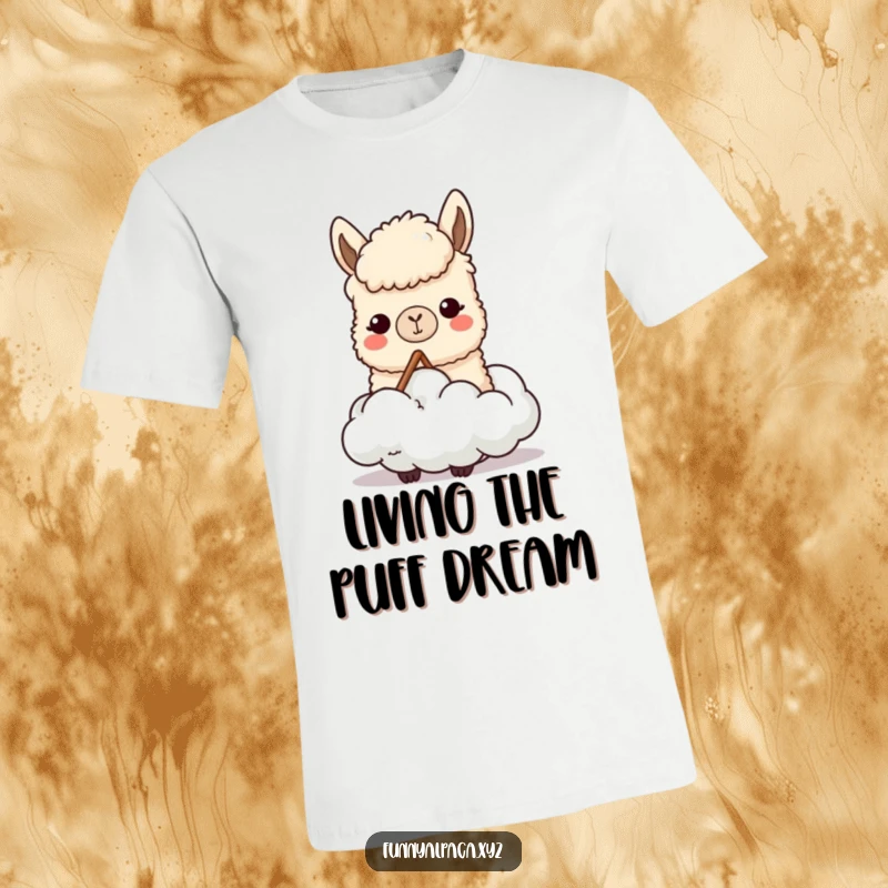 Funny t-shirt showcasing a content alpaca character happily munching on a fluffy cloud, representing imagination and a quirky personality.