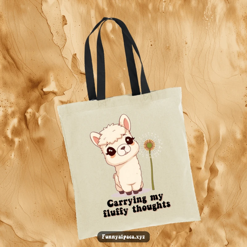 Funny tote bag depicting a curious alpaca, head tilted, examining a giant dandelion with wide-eyed fascination, a playful scene.