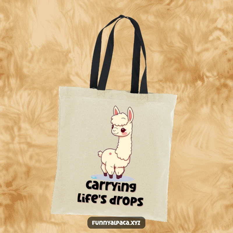 Funny alpaca tote bag illustrating a graceful alpaca with a long neck delicately balancing a dewdrop, perfect for errands with an elegant, humorous touch.