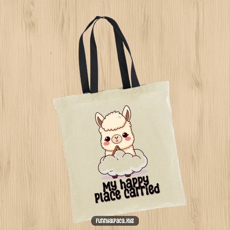 Funny tote bag with a content alpaca character chewing a cloud, symbolizing carrying creative thoughts and a whimsical sense of humor.