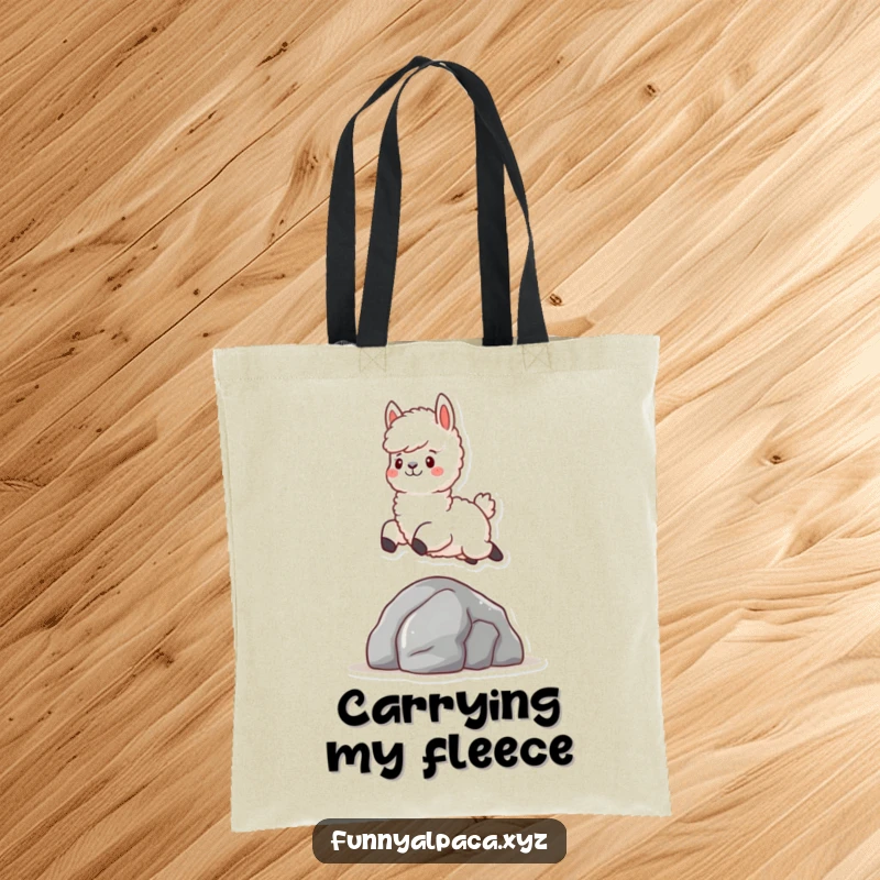 Funny Fluffy Alpaca Tote Bag: A sturdy bag featuring a fluffy alpaca character joyfully leaping over a small rock, symbolizing lightheartedness and fun.