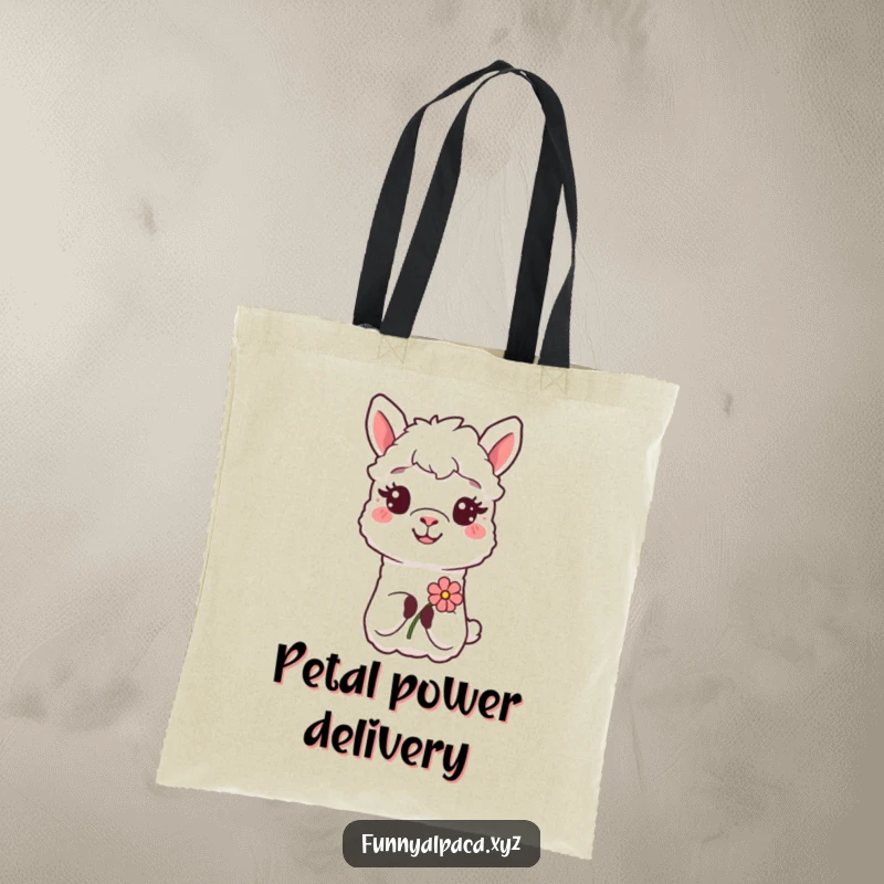 Funny Alpaca Flower Tote Bag: A smiling alpaca offers a flower, perfect for carrying essentials with a kind message.
