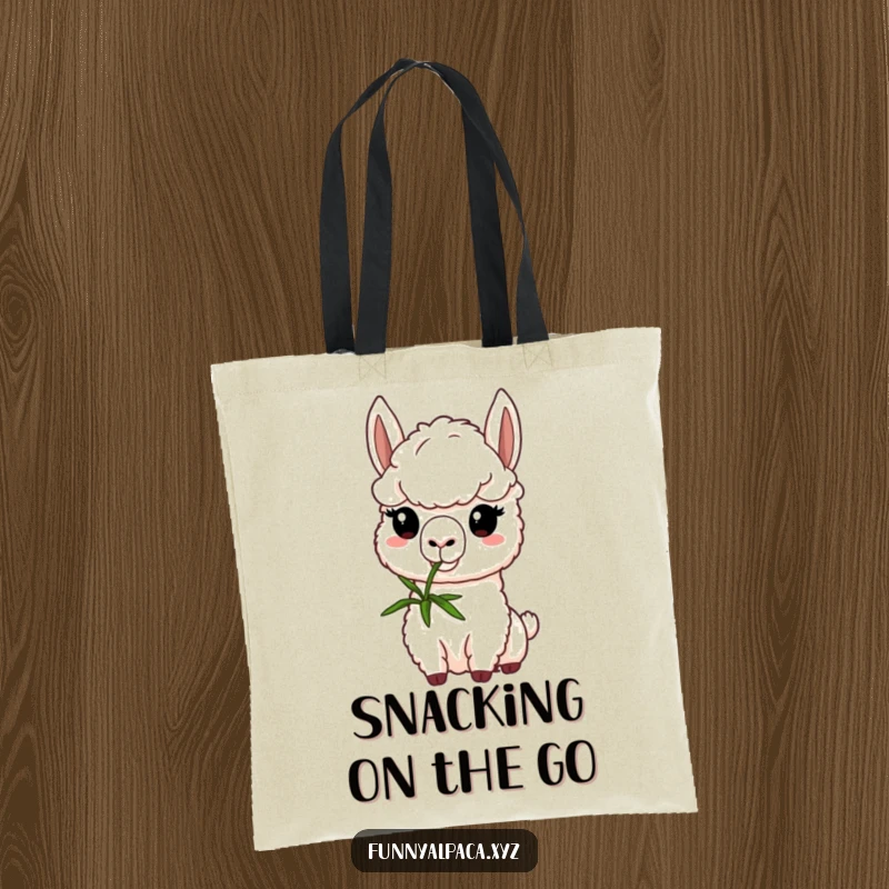 Funny alpaca tote bag illustrating a determined alpaca character focusing on nibbling a green sprig, perfect for errands with a humorous, cute touch.